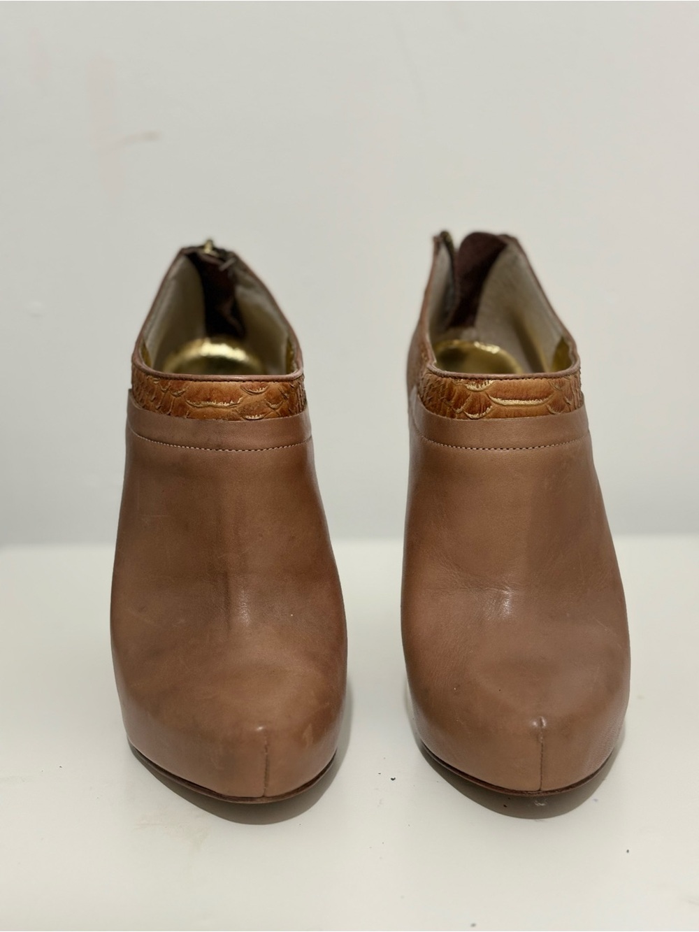 Charles David Brown Leather Mules with Croc Trim
